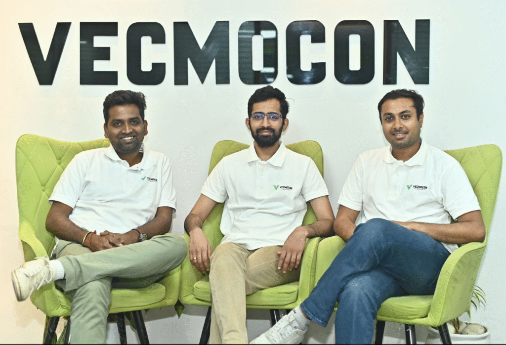 A graphic displaying the Vecmocon Technologies logo alongside text announcing "Series A Funding $18 Million" and images of electric two-wheelers and three-wheelers, symbolizing their focus on EV technology.
